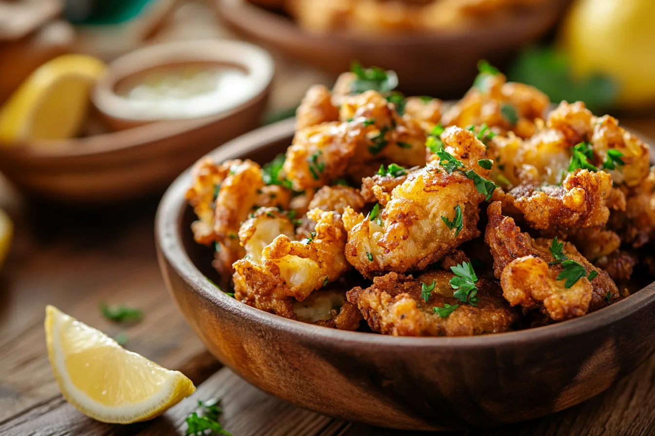 Close-up of golden-brown Lion’s Mane mushroom crab cakes garnished with parsley and served with lemon wedges on a rustic wooden table