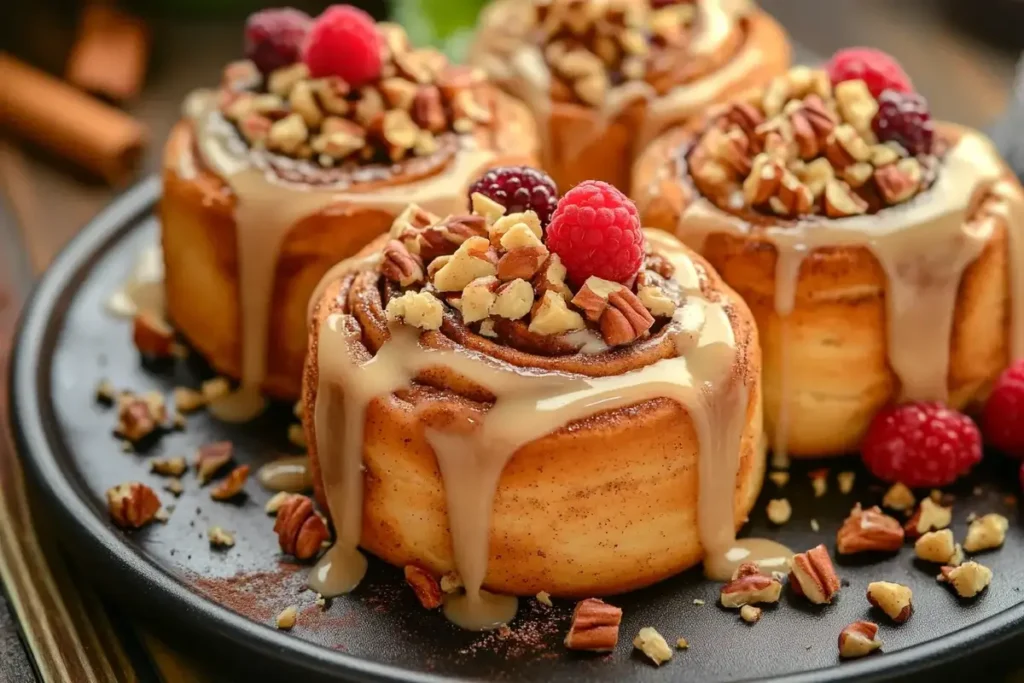 Freshly baked Rhodes cinnamon rolls with golden-brown tops, drizzled with creamy glaze, and garnished with crushed nuts and fresh berries