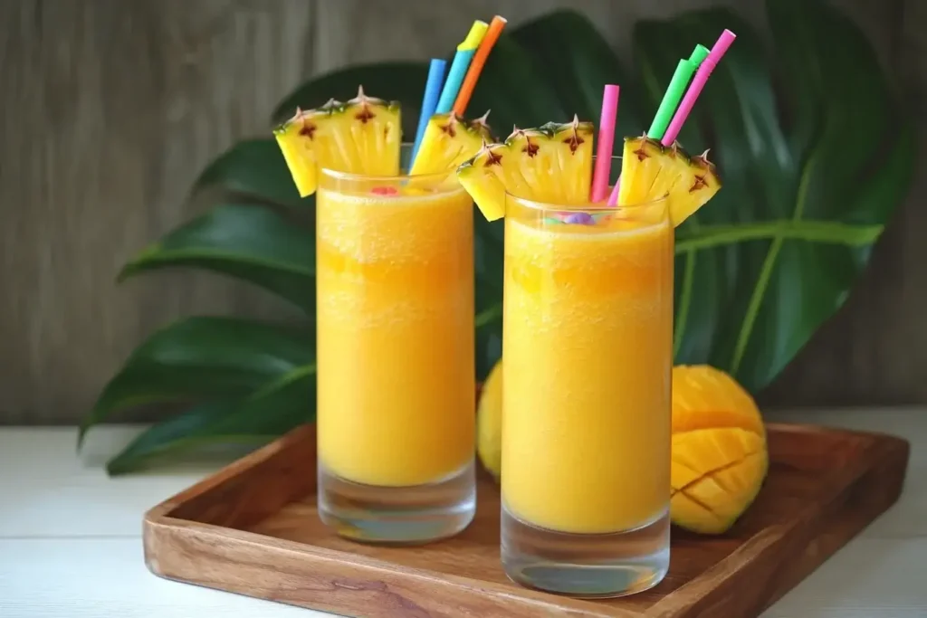 Sunrise Sunset Tropical Smoothie served in glasses with tropical garnishes