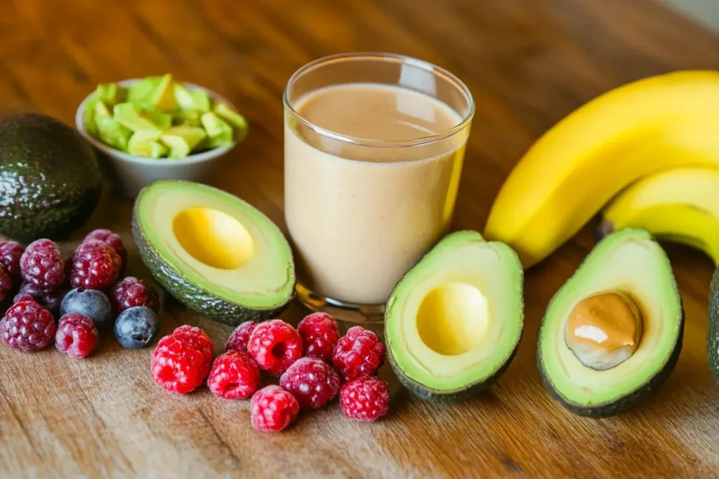 Smoothie ingredients for a yogurt-free recipe, including almond milk, banana, and berries