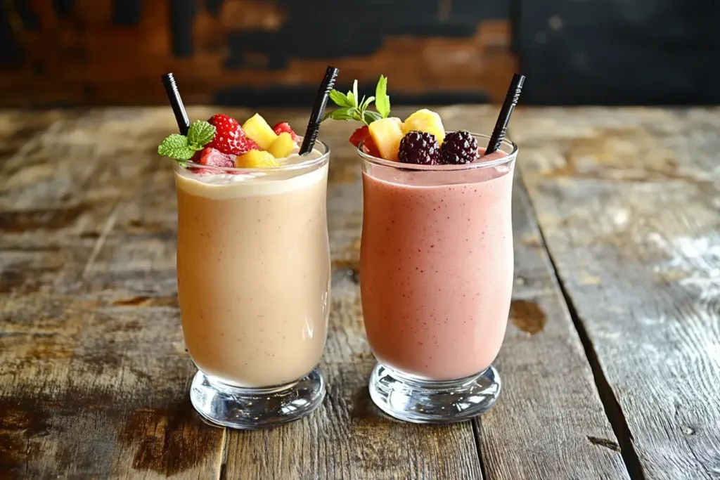 Two smoothies side-by-side, one made with yogurt and the other yogurt-free