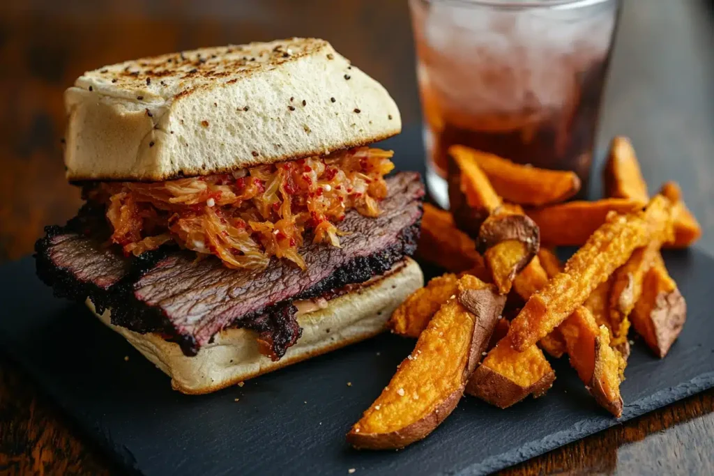 A brisket sandwich topped with kimchi, sweet potato fries, and a glass of craft beer