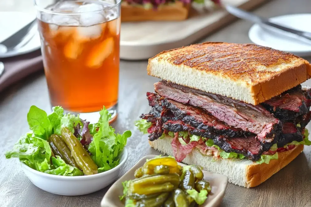 A brisket sandwich with garden salad, iced tea, and pickled vegetables