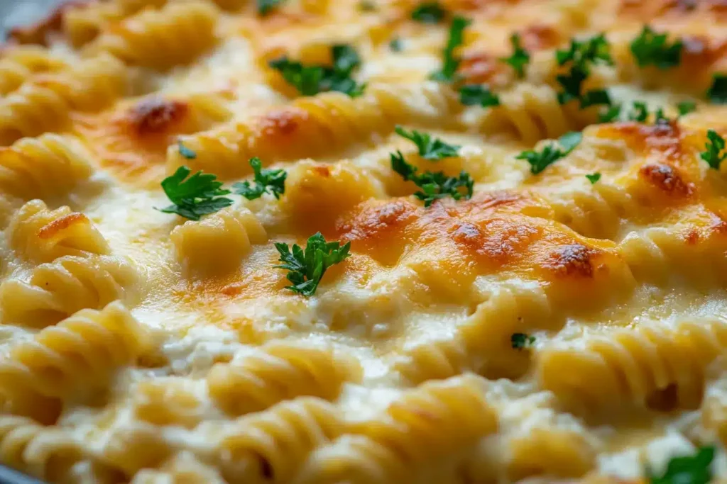 A casserole dish with pasta, cottage cheese, and melted cheese, garnished with parsley