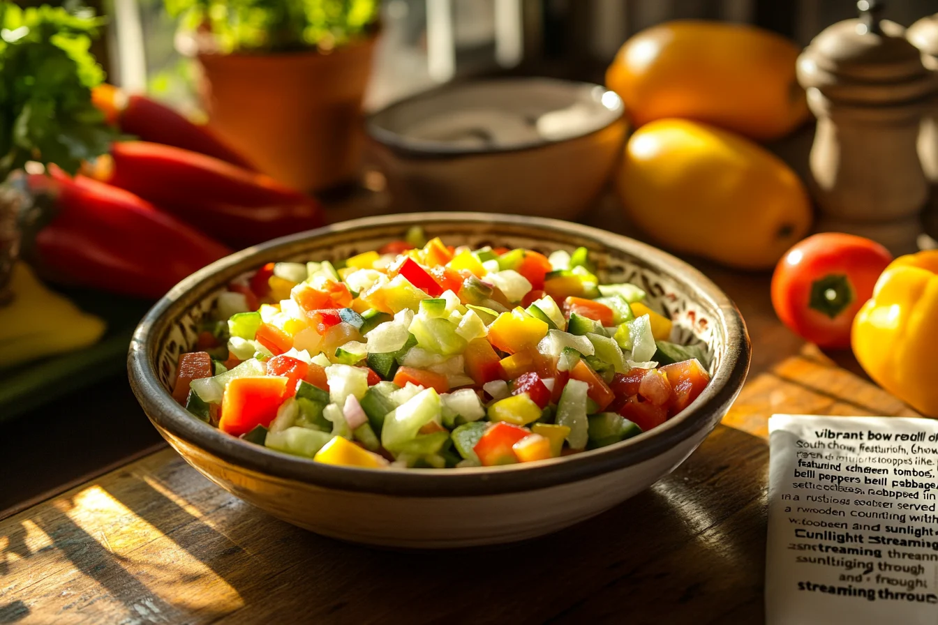 A colorful bowl of Southern chow chow relish in a rustic kitchen