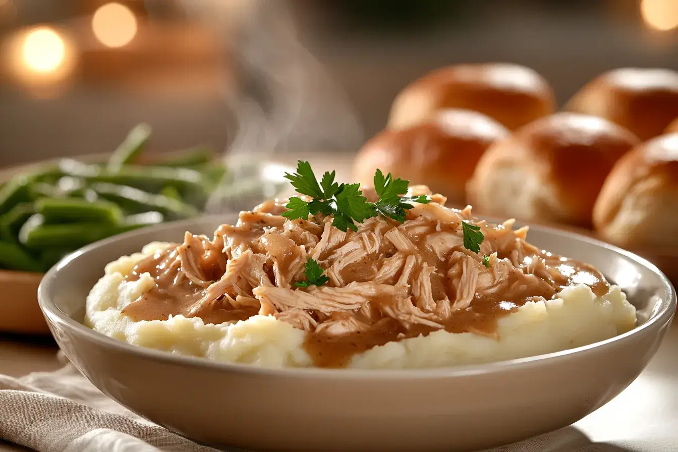 A comforting bowl of crockpot chicken and gravy over mashed potatoes