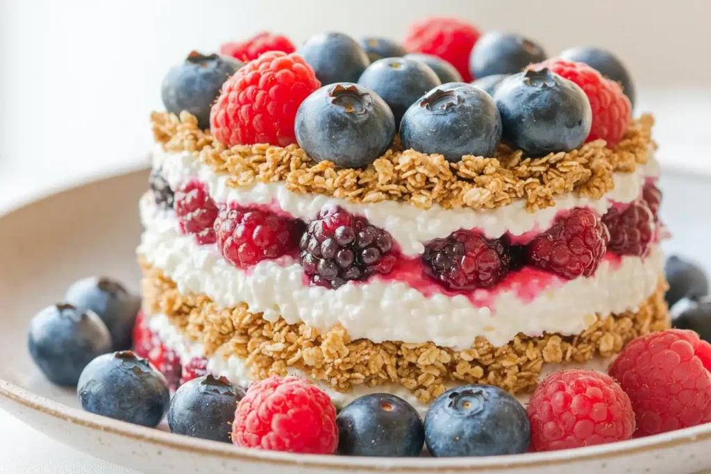 A close-up of a cottage cheese and berry parfait layered with granola in a modern, clean aesthetic