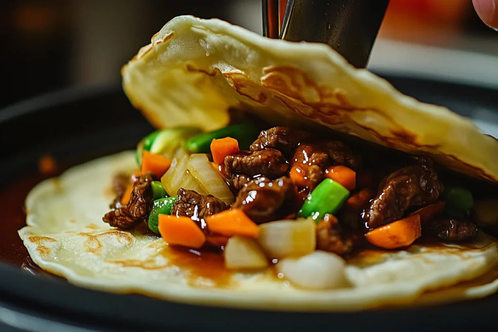 A Mandarin pancake with Moo Shu Beef and vegetables being assembled