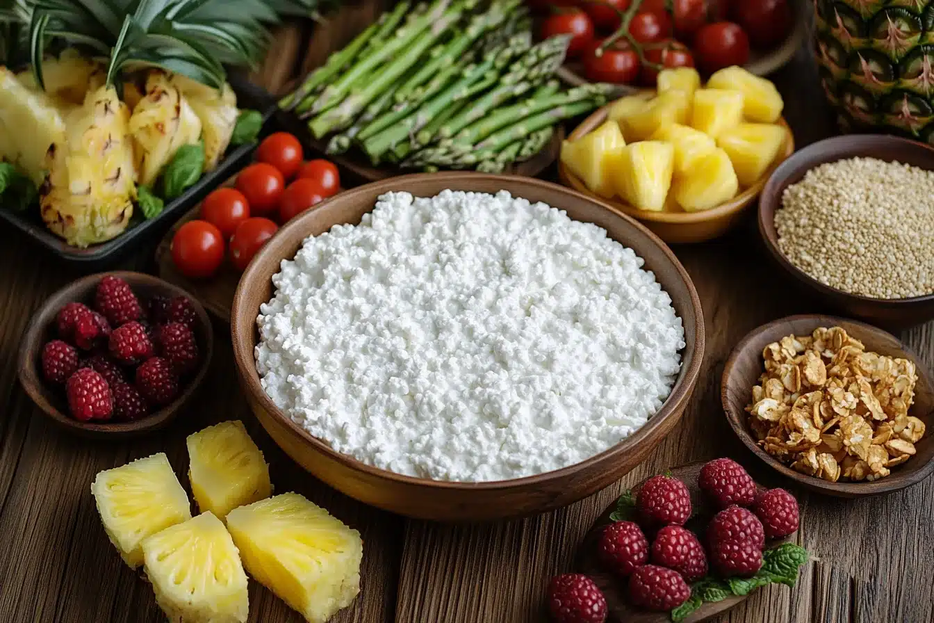 A bowl of cottage cheese surrounded by fruits, vegetables, and grains on a rustic wooden table