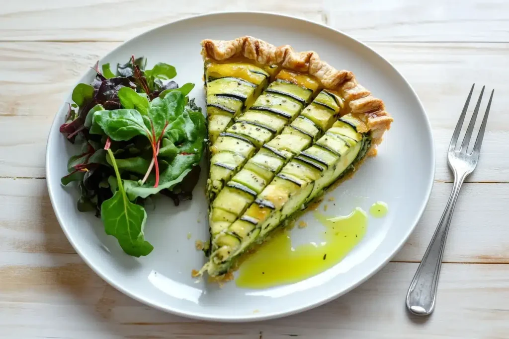 A slice of zucchini pie served with mixed greens on a white plate