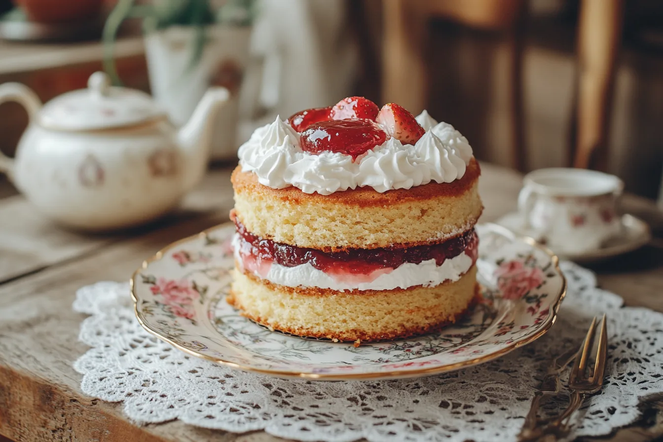 A traditional Victoria Cake with jam and cream served on a vintage plate