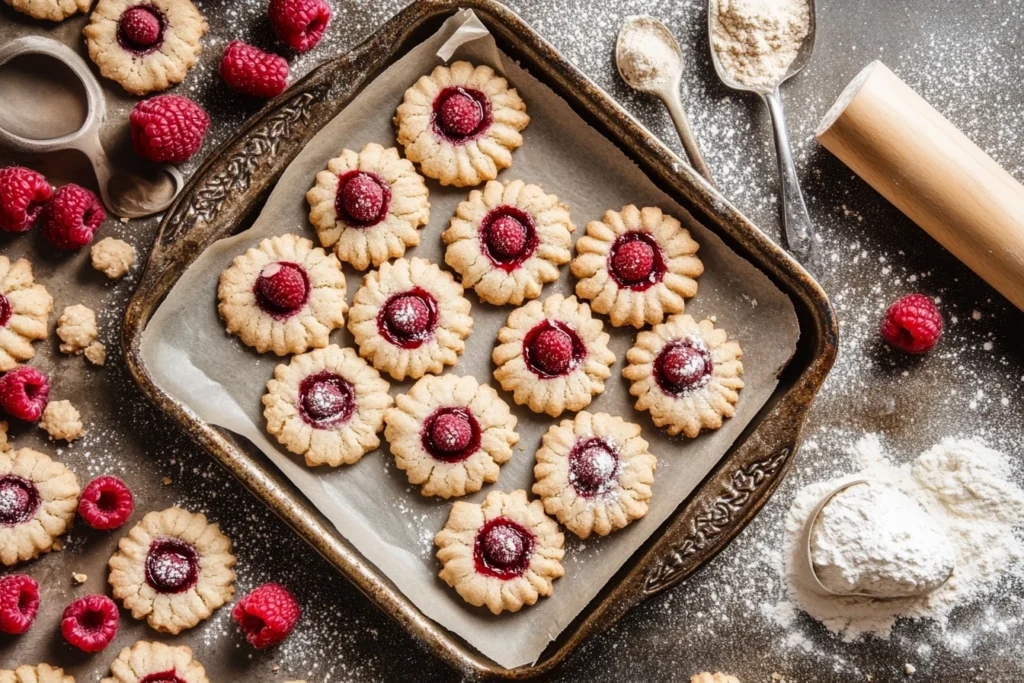 The Ultimate Guide to Raspberry Cookies: Recipes, Tips, and Variations 2 A variety of raspberry cookies in a tray with baking tools