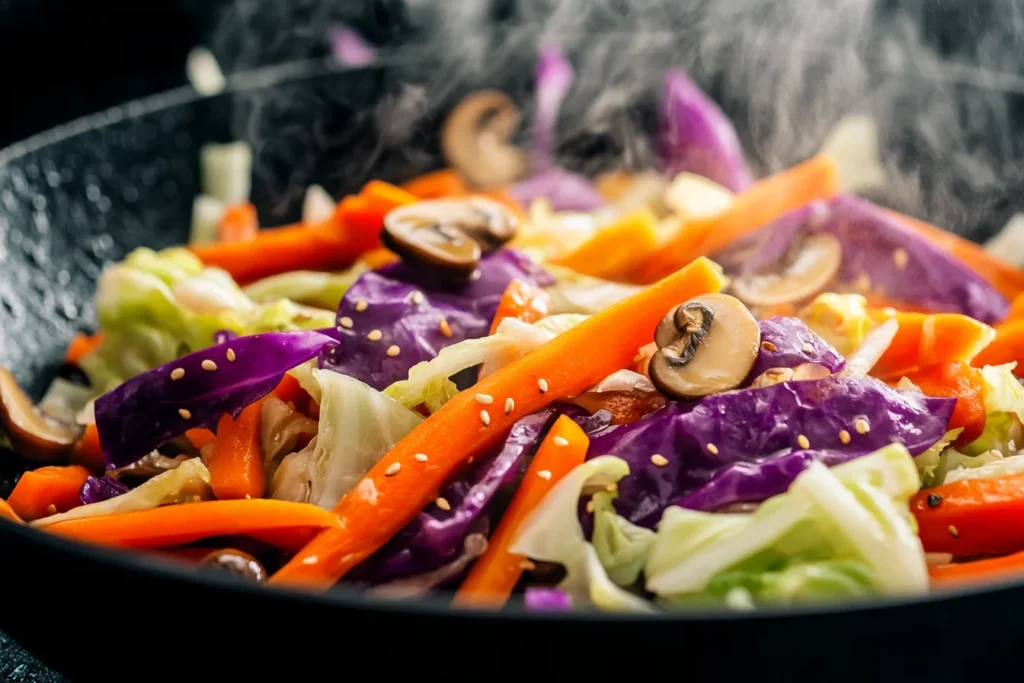 A wok filled with stir-fried vegetables for Moo Shu Beef