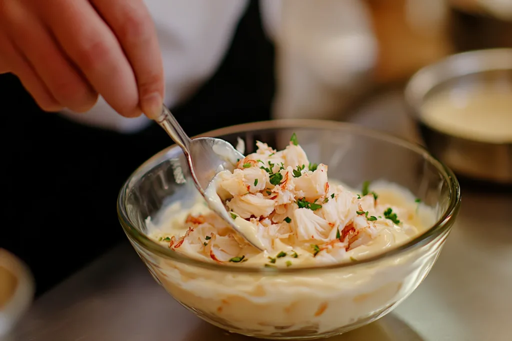 Chef’s hand folding fresh crab meat into creamy custard in a glass bowl with a spatula on the side
