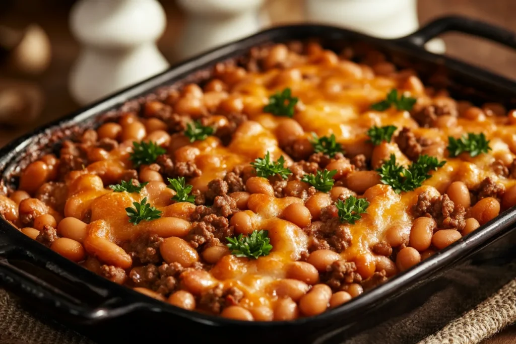 Baked beans with ground beef in a baking dish, garnished with fresh herbs