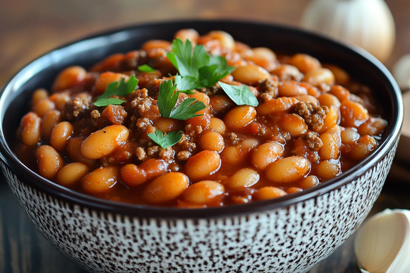 Baked beans with ground beef served in a rustic bowl