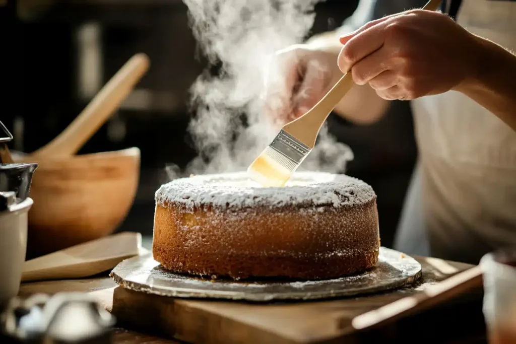 Baker brushing sugar syrup onto warm pound cake