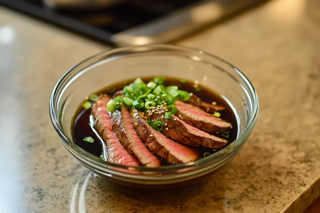 Beef marinating in soy sauce and cornstarch for Kung Pao Beef