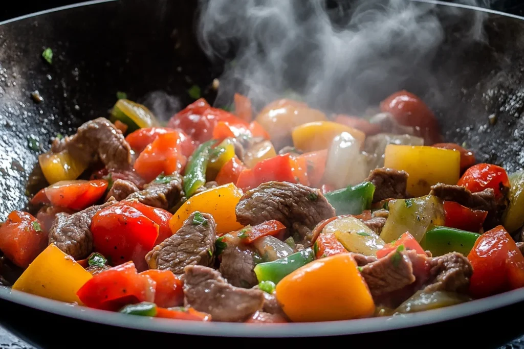 Beef, tomatoes, and bell peppers mixed together in a wok