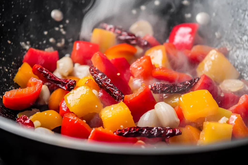 Bell peppers and red chilies stir-frying in a wok for Kung Pao Beef