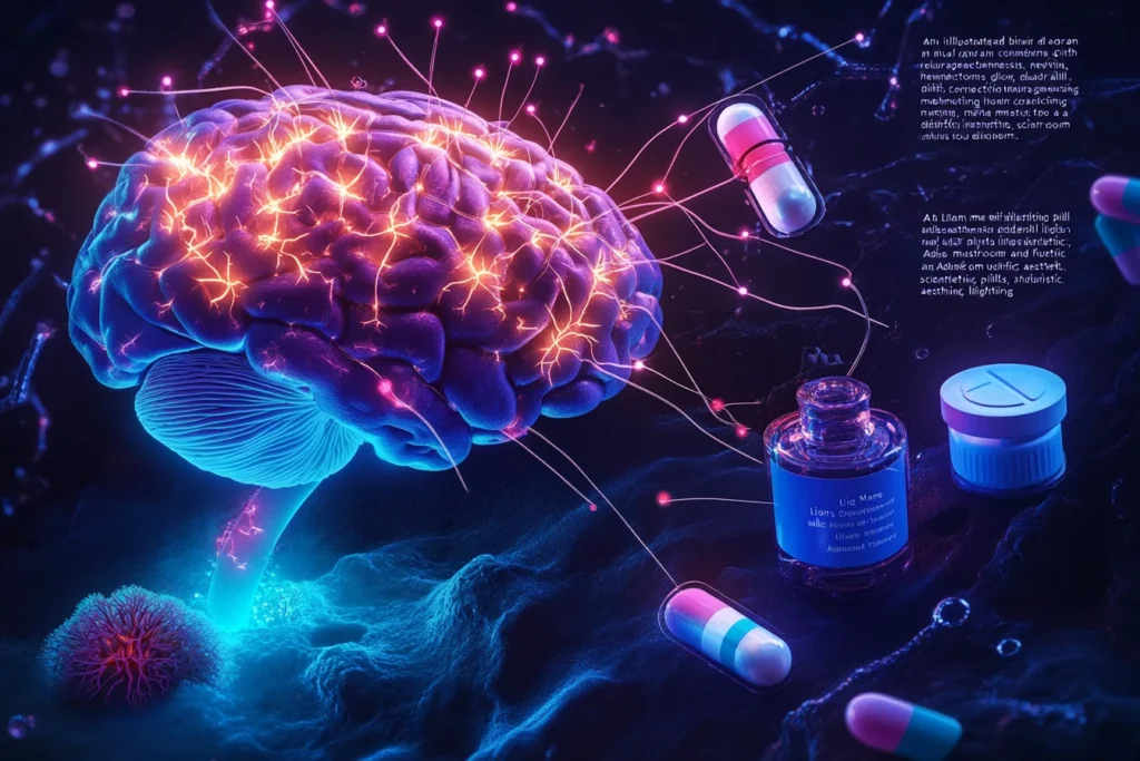 Brain diagram showing neural connections with Lion's Mane and Adderall effects