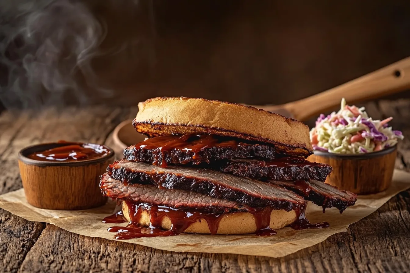 Brisket sandwich with barbecue sauce served on a wooden table