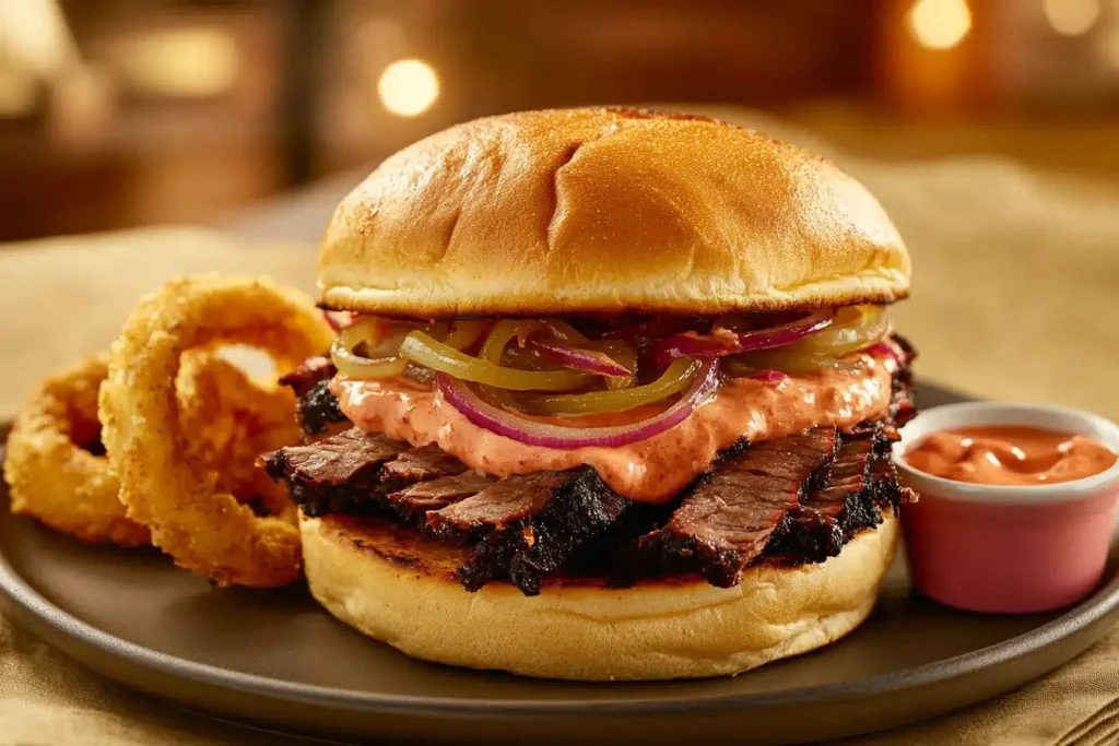 Brisket sandwich with chipotle mayo and pickled onions