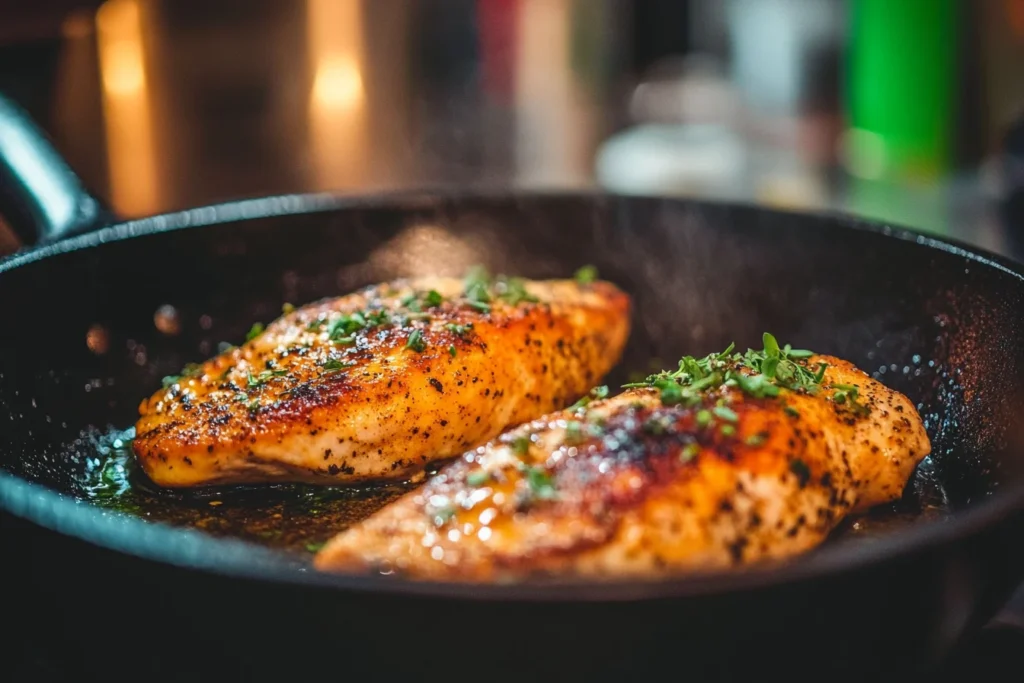 Chicken breasts being seared in a skillet