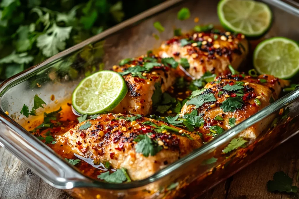 Chicken breasts soaking in a colorful marinade in a glass dish, garnished with sliced limes, chopped cilantro, and chili flakes on a rustic kitchen counter