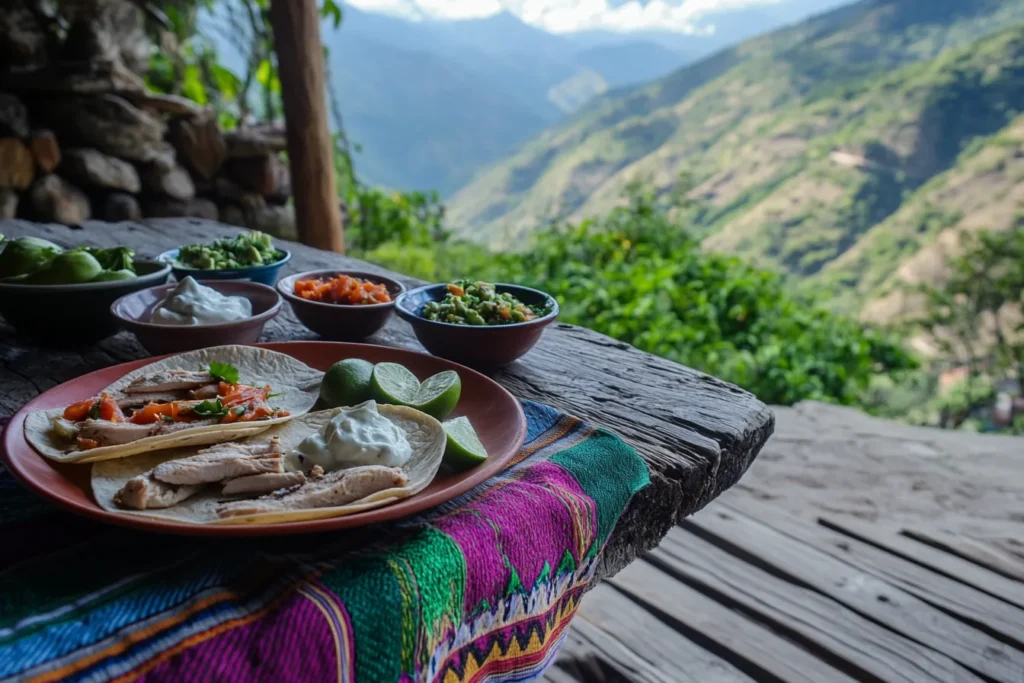 A plate of chicken fajitas with grilled vegetables, tortillas, salsa, guacamole, and lime wedges on a rustic wooden table