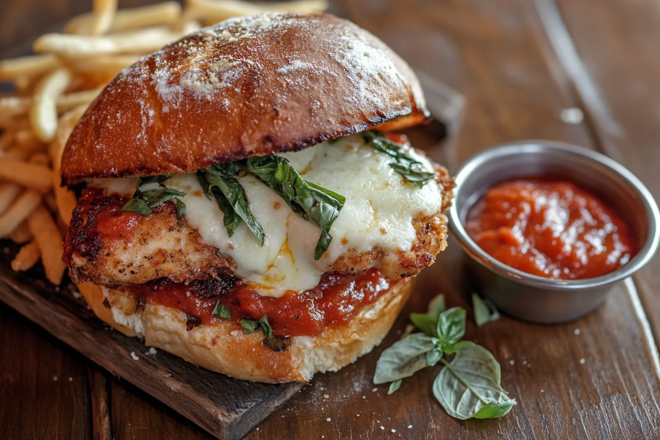 Chicken parm sandwich with marinara and melted mozzarella on a rustic table