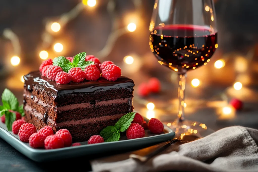 Chocolate pound cake topped with ganache and raspberries on a platter