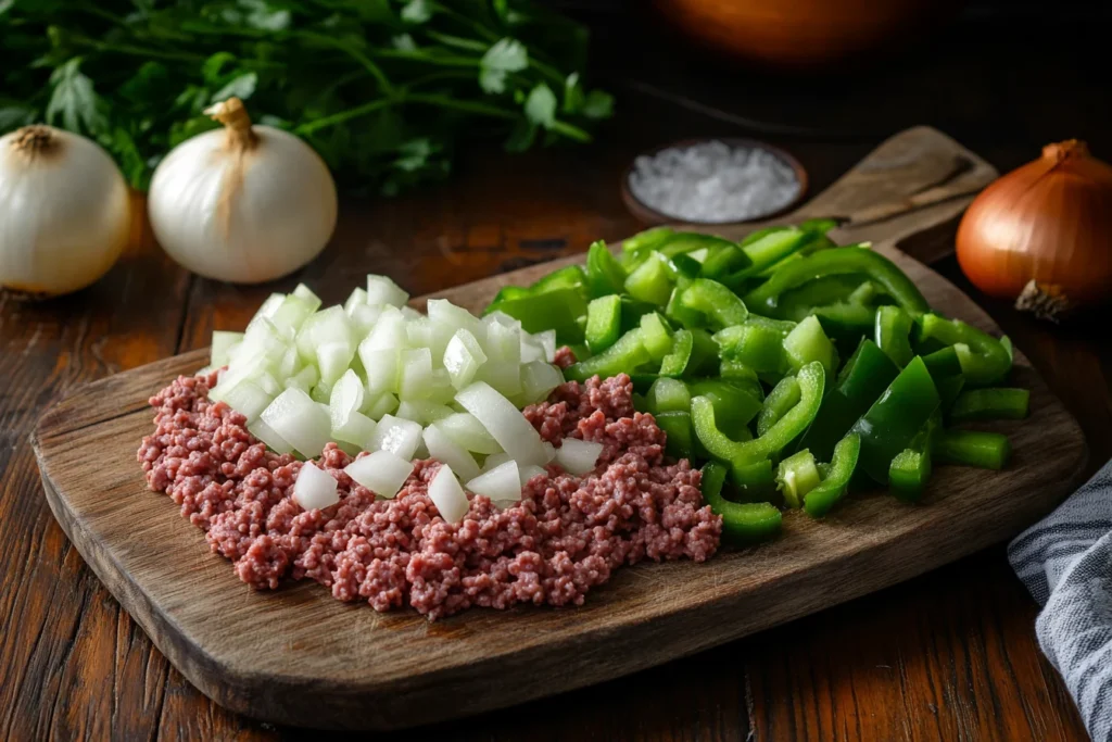 Chopped vegetables and ground beef ready for cooking