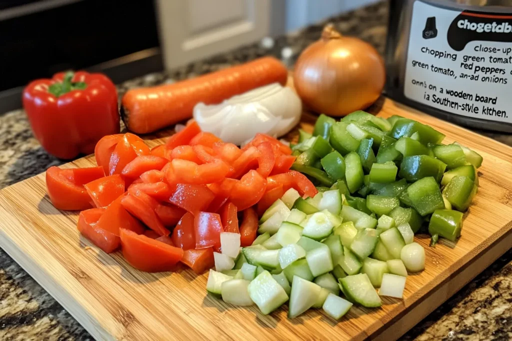 Chopping green tomatoes, peppers, and onions for chow chow relish