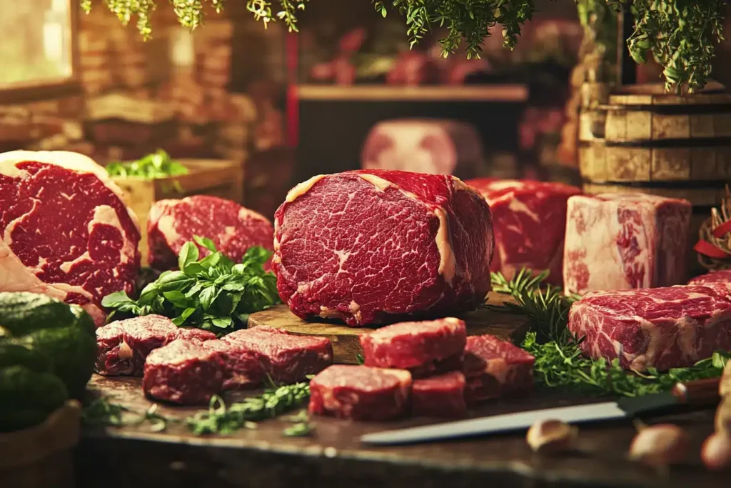 Chuck eye steak on a butcher’s counter with other beef cuts and fresh herbs