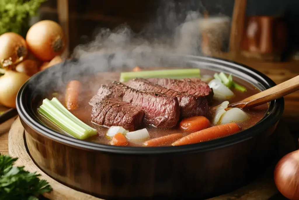 Chuck steak slow cooking with vegetables in a broth