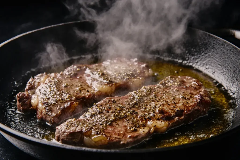 Chuck eye steak sizzling in a cast-iron skillet