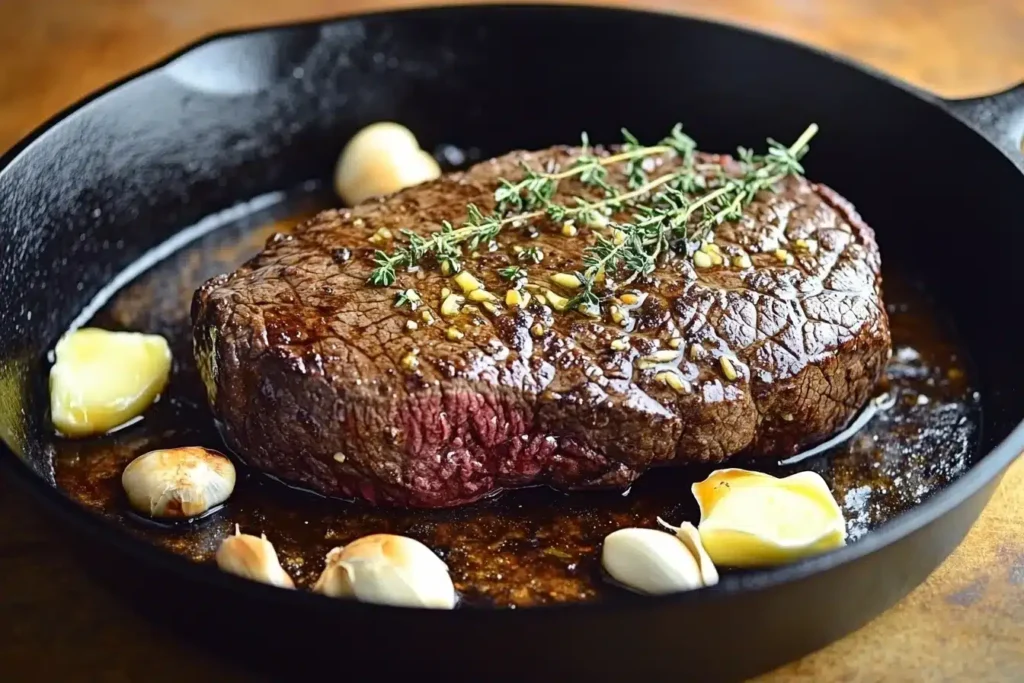 Chuck eye steak sizzling in a cast-iron skillet with butter and thyme