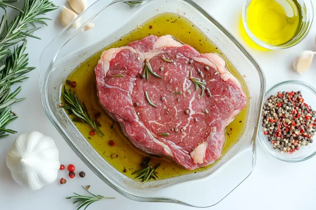 Chuck steak marinating in a glass dish with fresh herbs