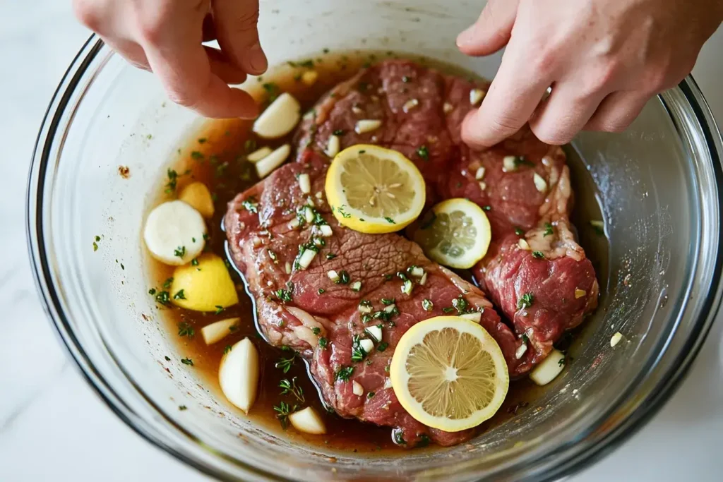 Chuck steak marinating with garlic, lemon, and herbs