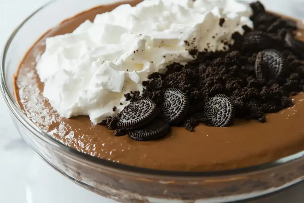 Close-up of layering dirt Oreo pudding with pudding, Oreos, and cream