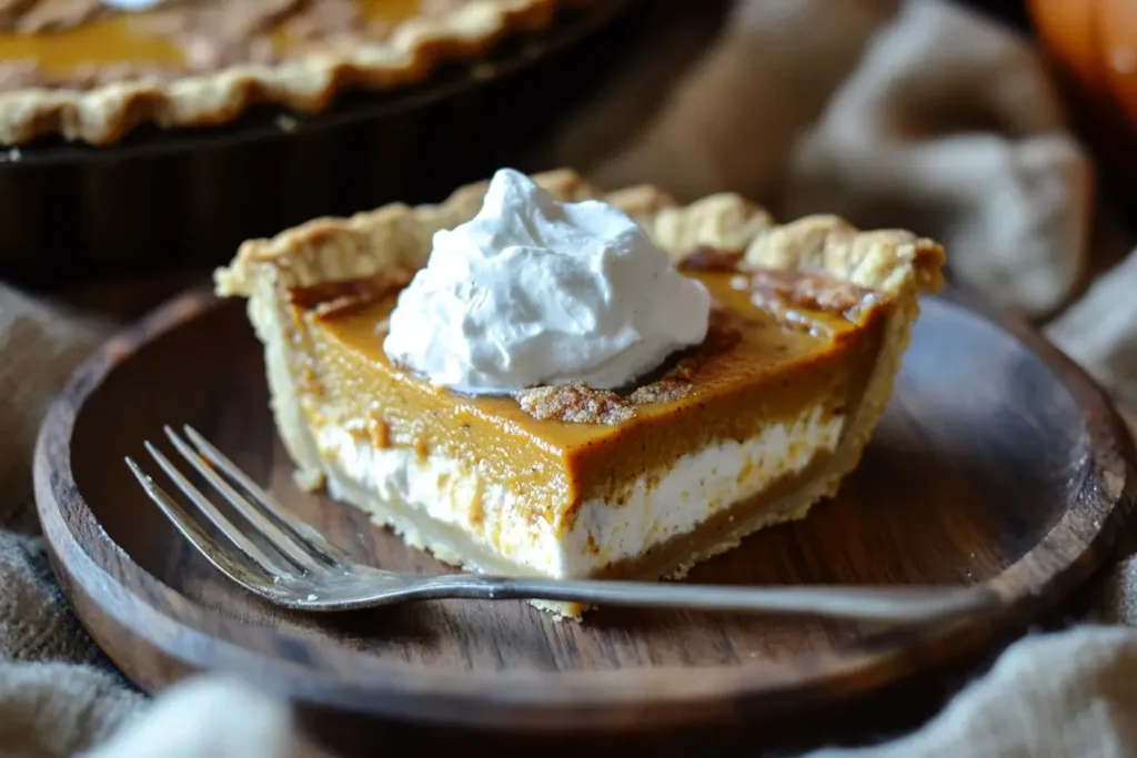 Close-up of pumpkin pie slice with whipped coconut cream topping