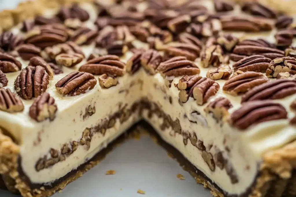 Close-up of sliced pecan cream pie showing layers