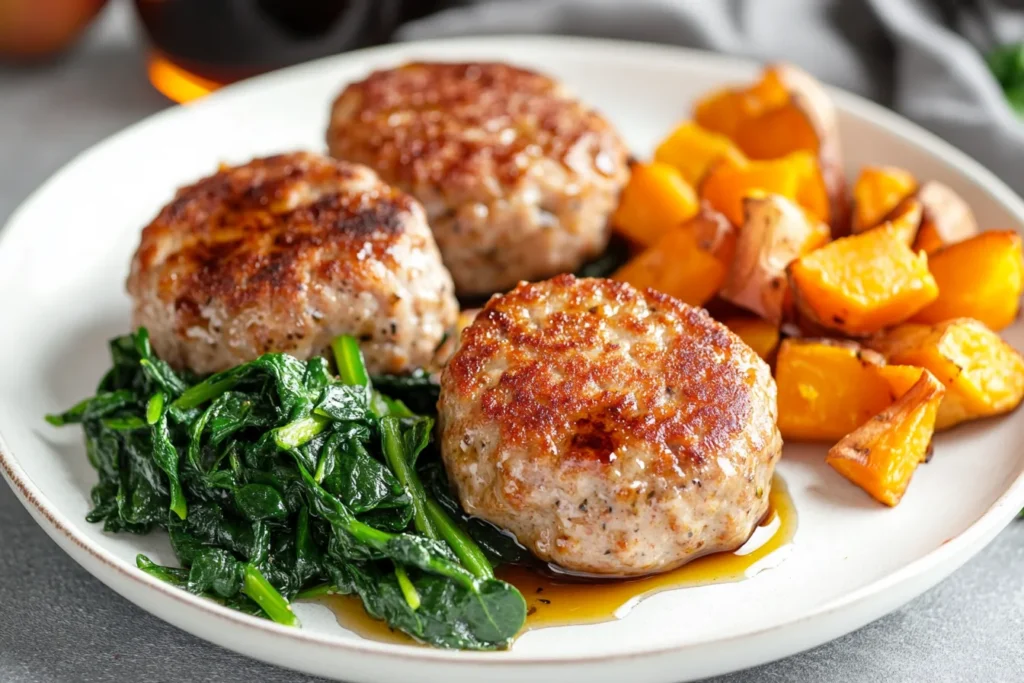 Cooked chicken apple sausage patties served with roasted sweet potatoes and sautéed spinach