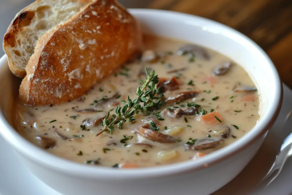 A bowl of creamy Lion’s Mane mushroom soup garnished with thyme and served alongside crusty artisan bread in soft natural lighting