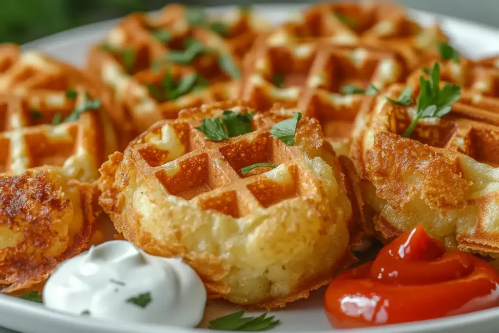 Crispy tater tot waffles with dipping sauces on a white plate