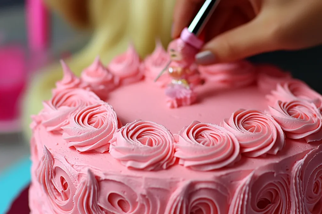 Decorating a Barbie cake with buttercream rosettes