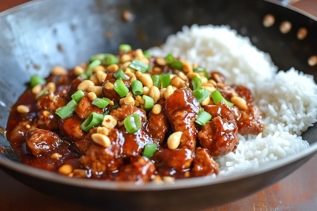 Final Kung Pao Beef stir-fry garnished with peanuts and green onion