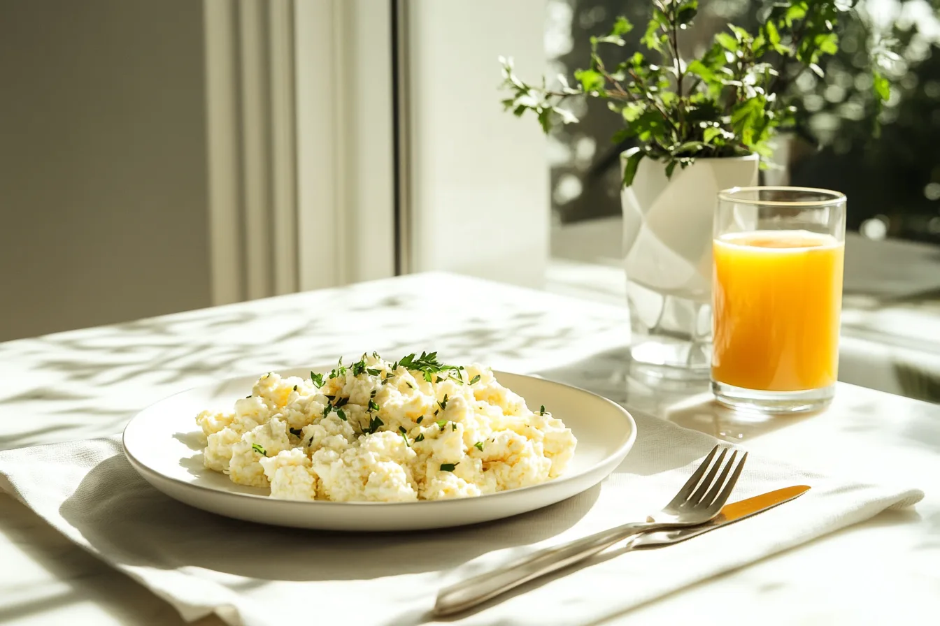 A beautifully plated breakfast with fluffy scrambled eggs mixed with cottage cheese, garnished with fresh parsley, served on a white marble countertop with a glass of orange juice and cutlery.