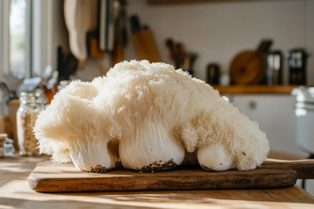 Raw Lion’s Mane mushrooms, white and fluffy, displayed on a wooden cutting board in a rustic kitchen setting with natural lighting